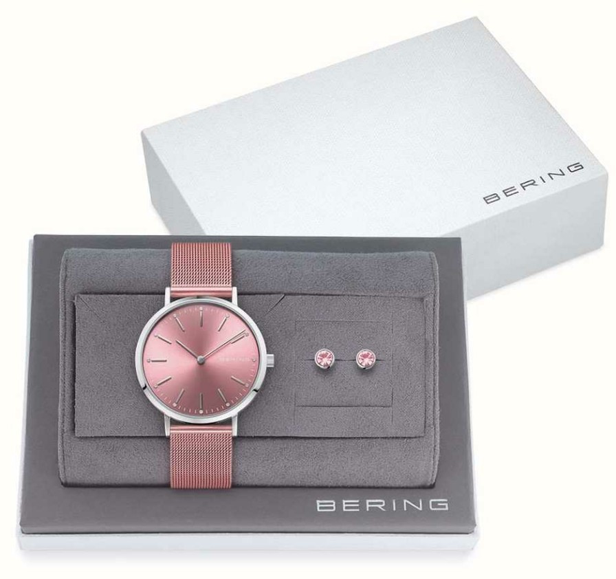 Women'S Bering | Bering Women'S Charity Gift Set (34Mm) Pink Dial / Pink Steel Mesh Bracelet