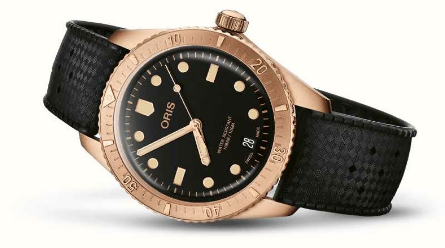 Men'S ORIS | Oris Divers Sixty-Five Cotton Candy Sepia Automatic (38Mm) Black Dial / Black Rubber Strap