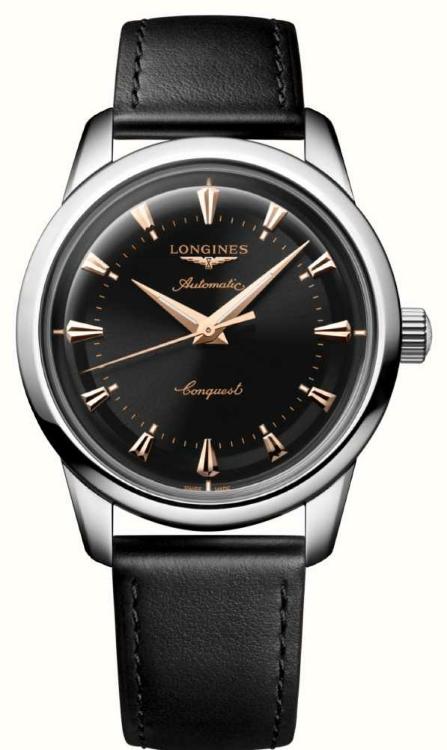 Men'S LONGINES | Longines Conquest Heritage Automatic (40Mm) Black Lacquered Polished Dial / Black Leather