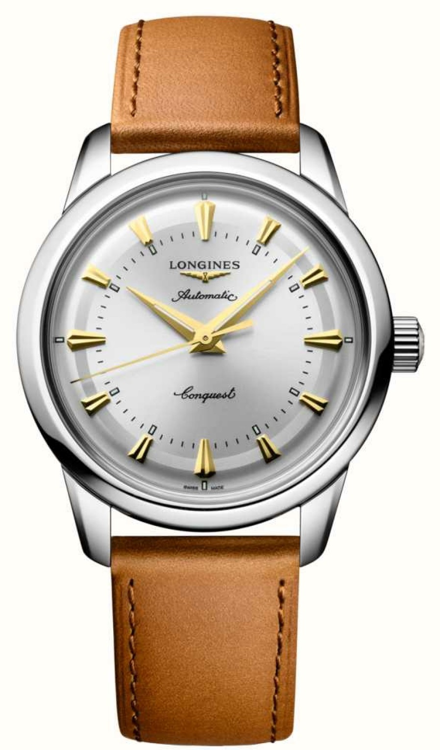 Men'S LONGINES | Longines Conquest Heritage Automatic (38Mm) Silver Dial / Brown Leather Strap