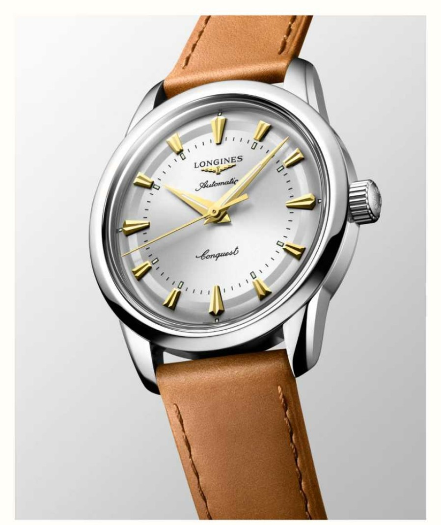 Men'S LONGINES | Longines Conquest Heritage Automatic (38Mm) Silver Dial / Brown Leather Strap