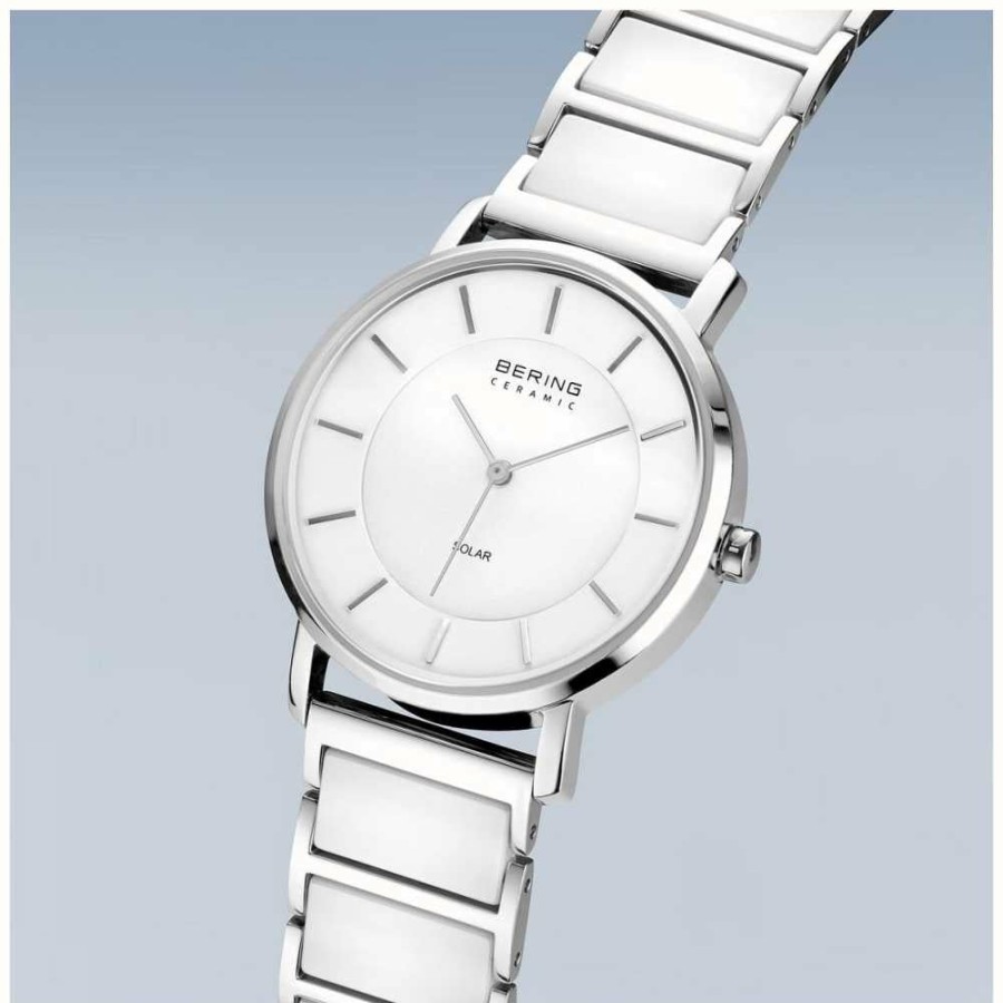 Women'S Bering | Bering Solar Polished Silver (35Mm) White Dial / Stainless Steel & Ceramic Bracelet