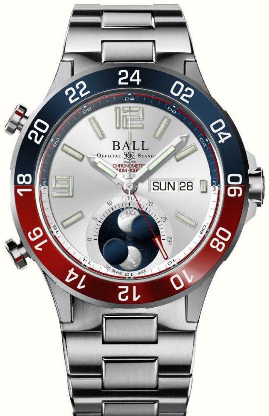 Men'S Ball Watch Company | Ball Watch Company Roadmaster Marine Gmt Moon-Phase (42Mm) Silver Dial / Titanium & Stainless Steel Bracelet