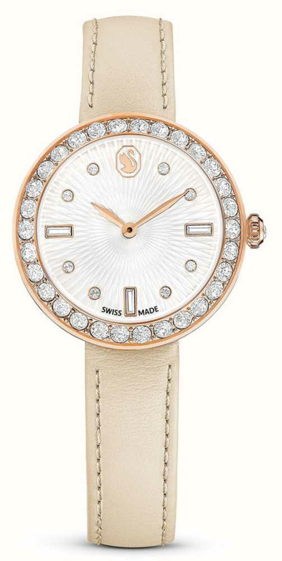 Women'S Swarovski | Swarovski Women'S Certa (30Mm) White Guilloche Dial / Beige Leather Strap