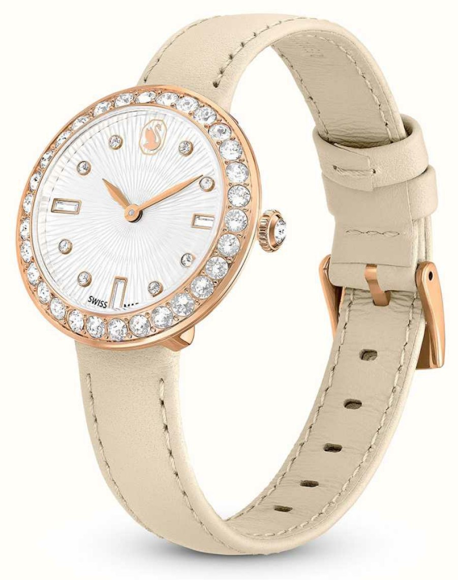 Women'S Swarovski | Swarovski Women'S Certa (30Mm) White Guilloche Dial / Beige Leather Strap