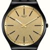 Men'S Swatch | Swatch Dashing Slate (42Mm) Gold Glitter Dial / Black Stainless Steel Bracelet