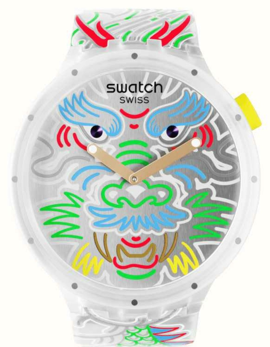 Men'S Swatch | Swatch Dragon In Cloud (47Mm) Silver Patterned Dial / Patterned Silicone Strap