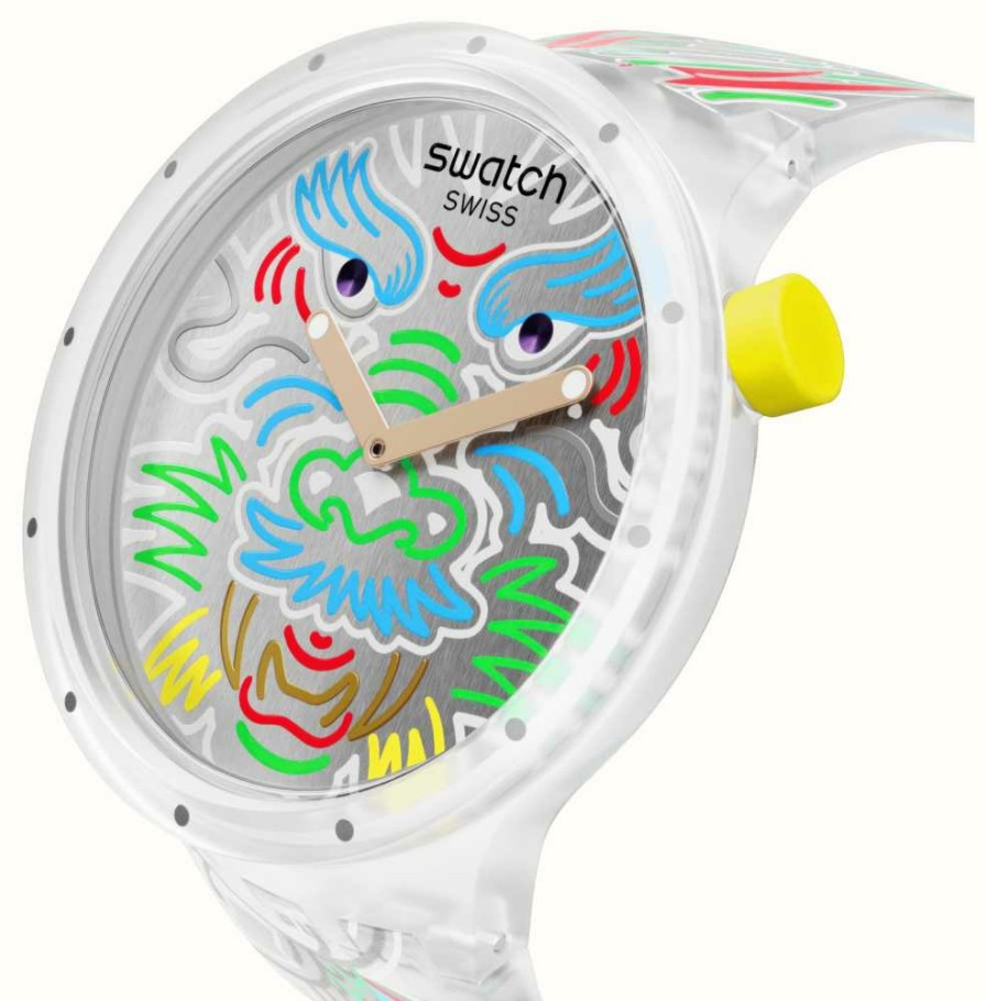 Men'S Swatch | Swatch Dragon In Cloud (47Mm) Silver Patterned Dial / Patterned Silicone Strap