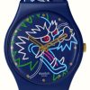 Men'S Swatch | Swatch Dragon In Waves (34Mm) Blue Patterned Dial / Blue Patterned Silicone Strap