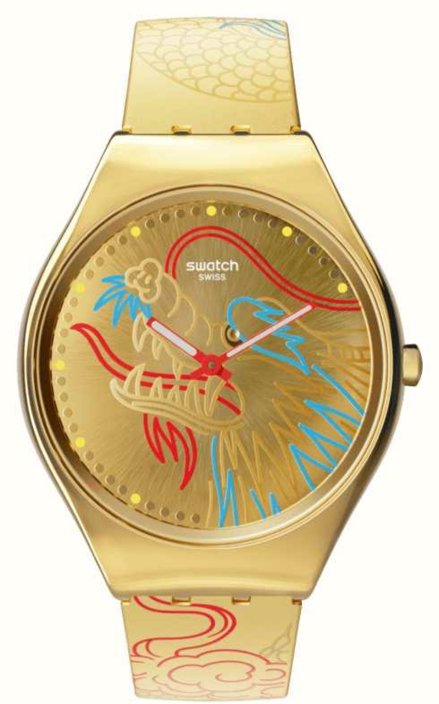 Men'S Swatch | Swatch Dragon In Gold (38Mm) Gold Patterned Dial / Gold Patterned Silicone Strap