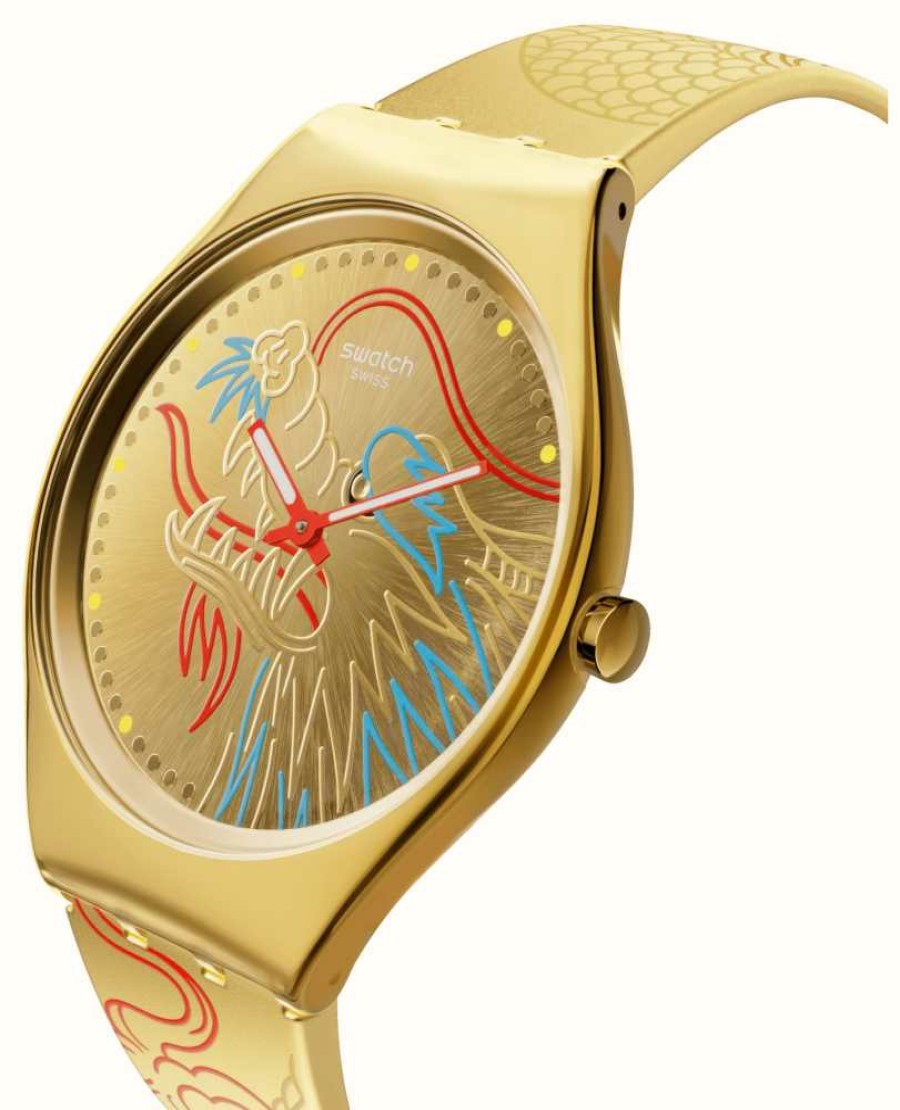 Men'S Swatch | Swatch Dragon In Gold (38Mm) Gold Patterned Dial / Gold Patterned Silicone Strap