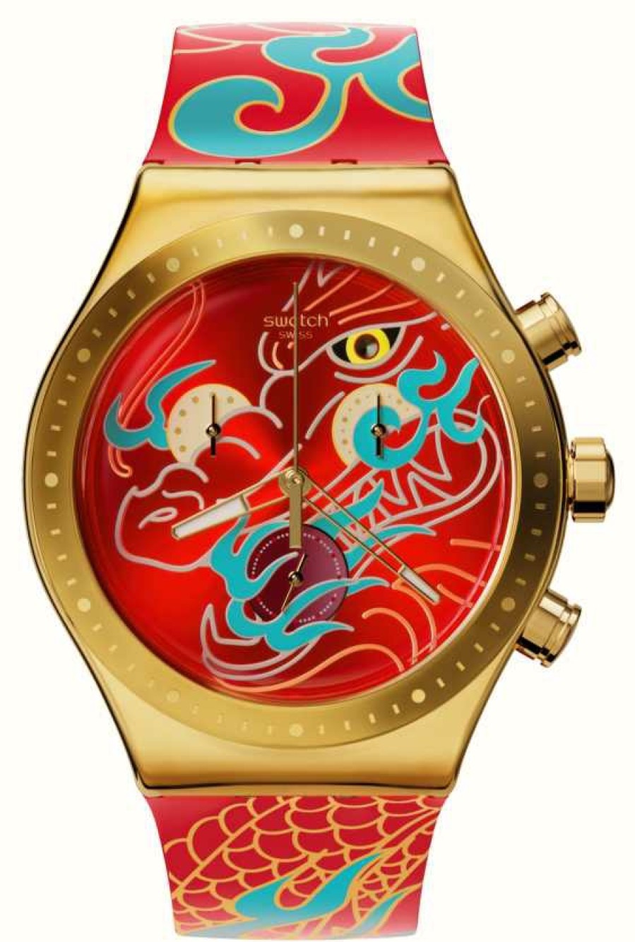 Men'S Swatch | Swatch Dragon In Motion (43Mm) Red Patterned Dial / Red Patterned Silicone Strap