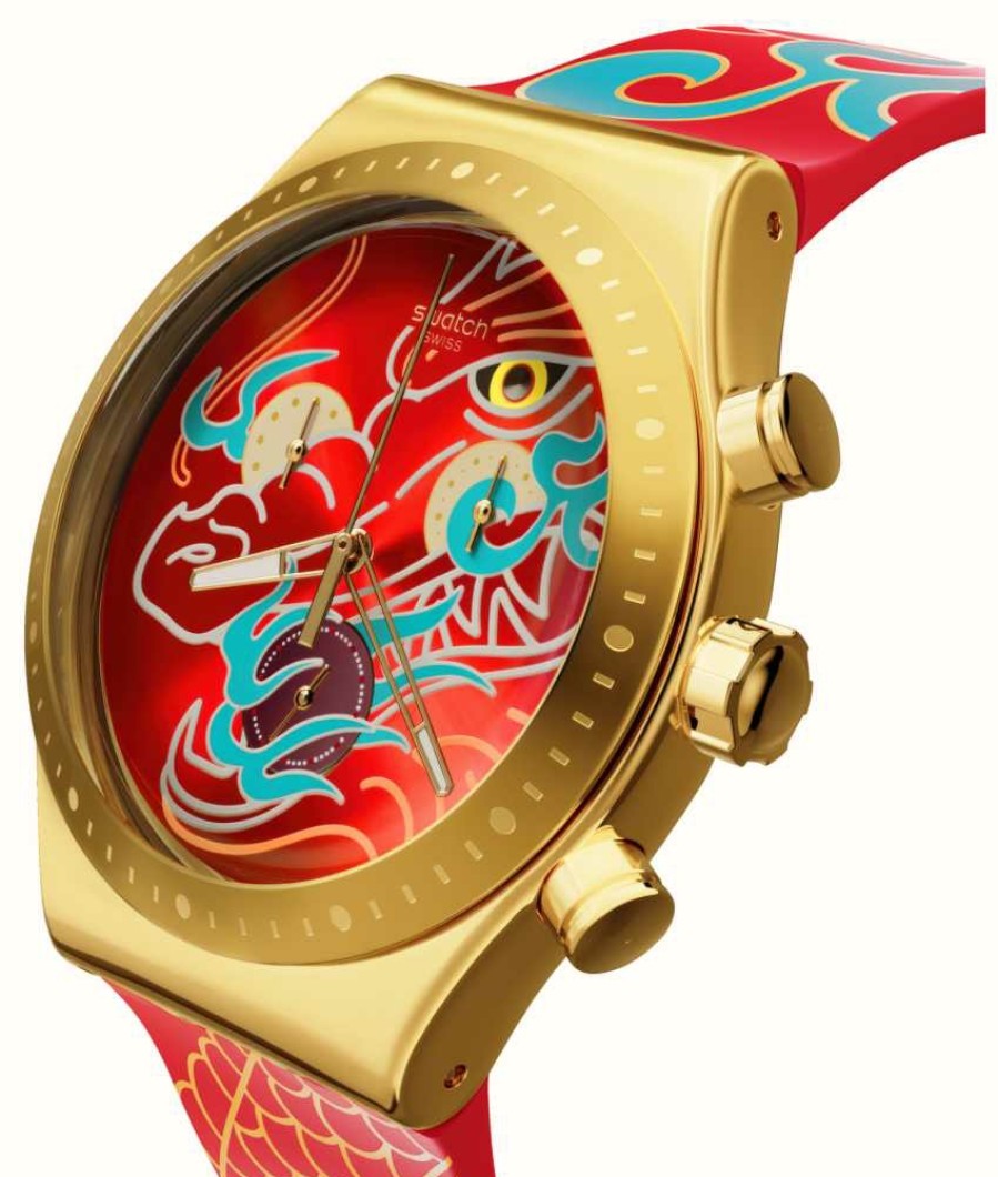 Men'S Swatch | Swatch Dragon In Motion (43Mm) Red Patterned Dial / Red Patterned Silicone Strap