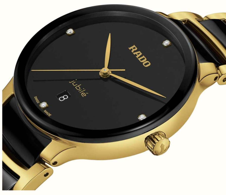 Men'S RADO | Rado Centrix Diamonds Quartz (39.5Mm) Black Dial / Black High-Tech Ceramic & Gold Pvd Stainless Steel