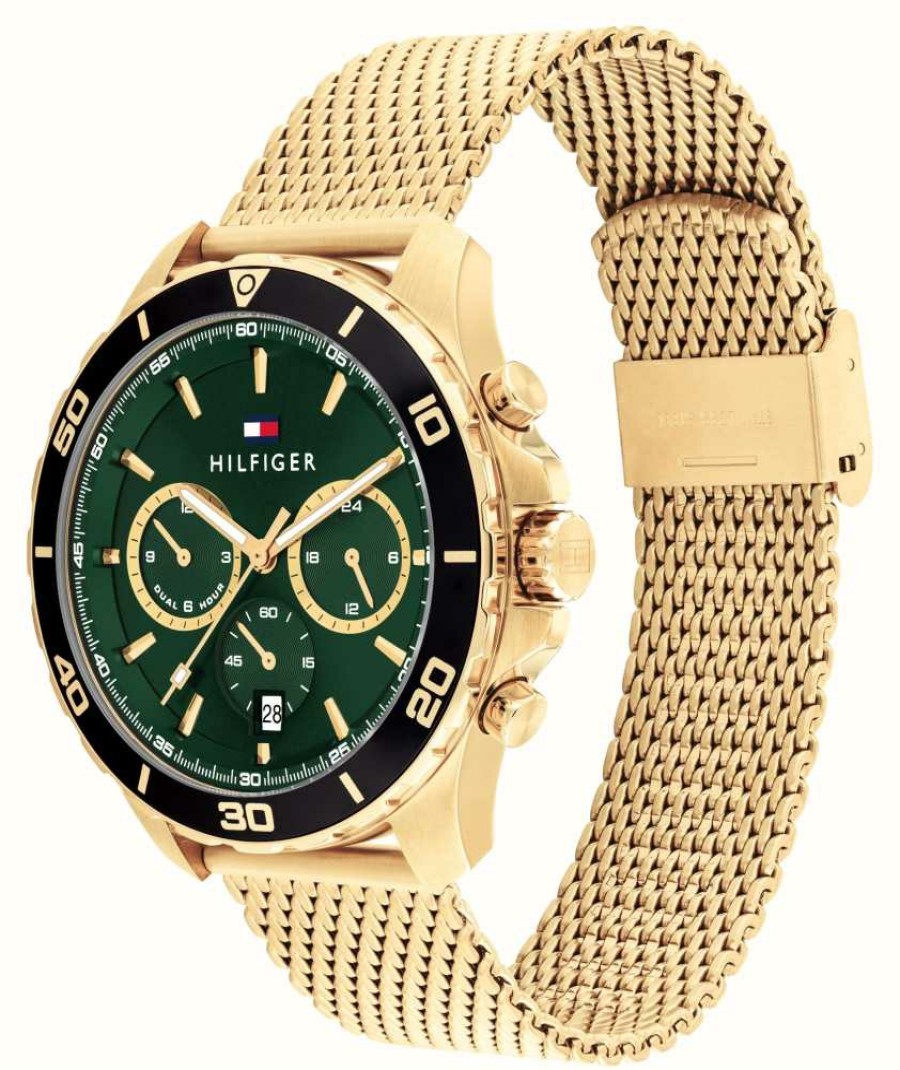 Men'S Tommy Hilfiger | Tommy Hilfiger Ex-Display Men'S Jordan (43Mm) Green Dial / Gold-Tone Steel Mesh Bracelet