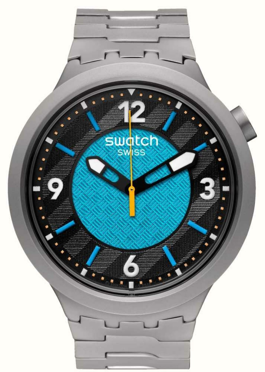 Men'S Swatch | Swatch Frostbloom (47Mm) Black & Blue Dial / Stainless Steel Bracelet