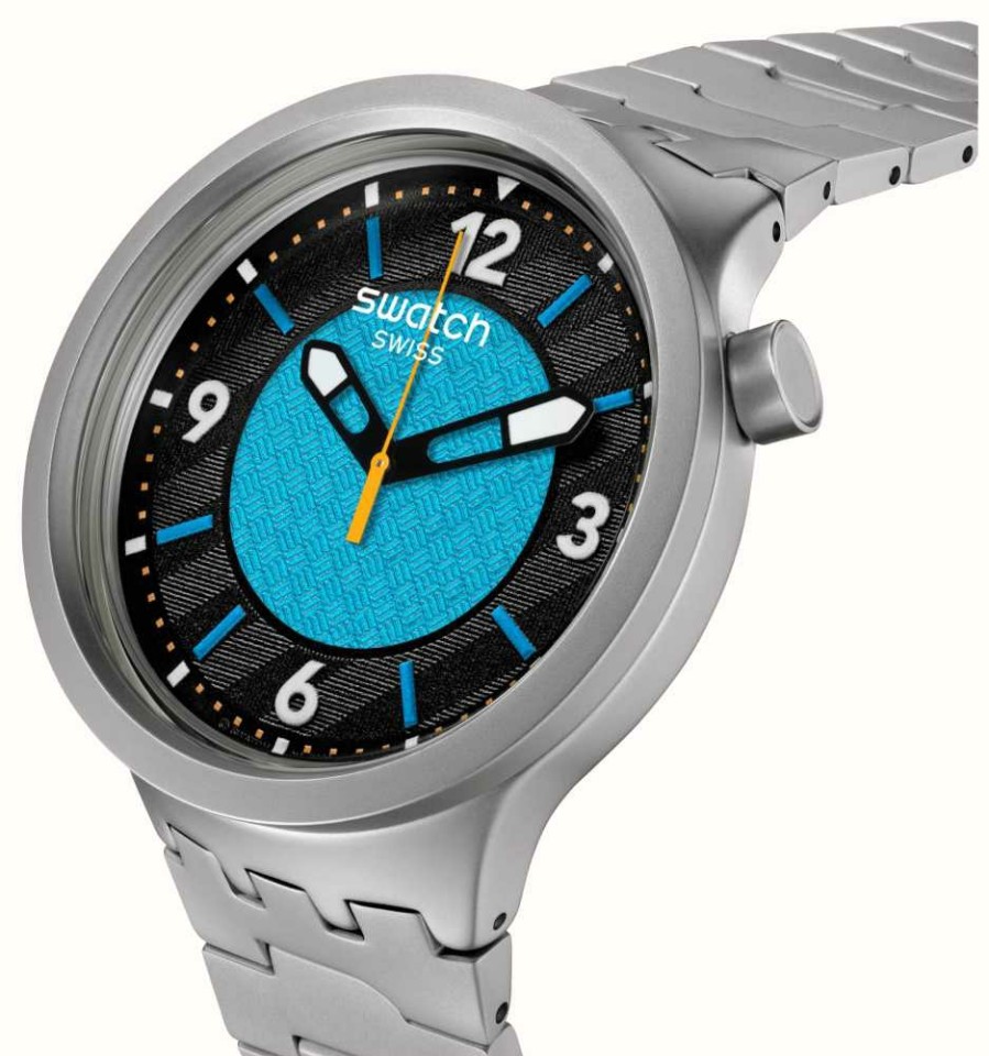 Men'S Swatch | Swatch Frostbloom (47Mm) Black & Blue Dial / Stainless Steel Bracelet