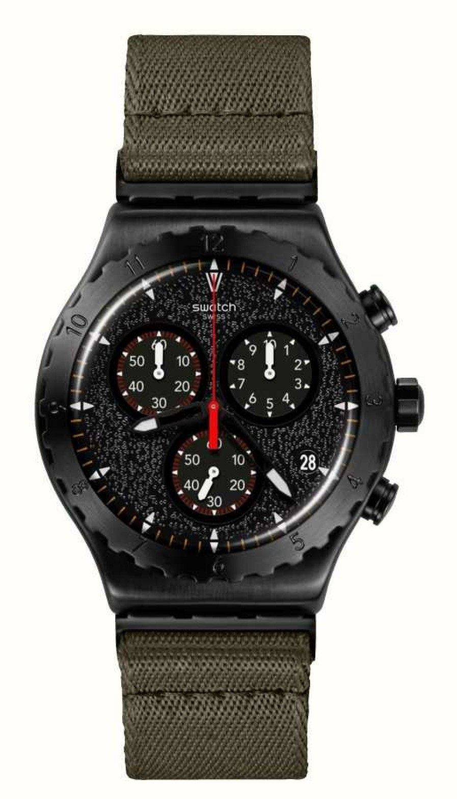 Men'S Swatch | Swatch By The Bonfire Chronograph (43Mm) Black Dial / Khaki Textile Strap