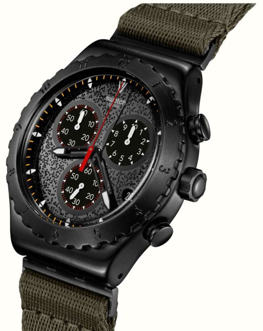 Men'S Swatch | Swatch By The Bonfire Chronograph (43Mm) Black Dial / Khaki Textile Strap