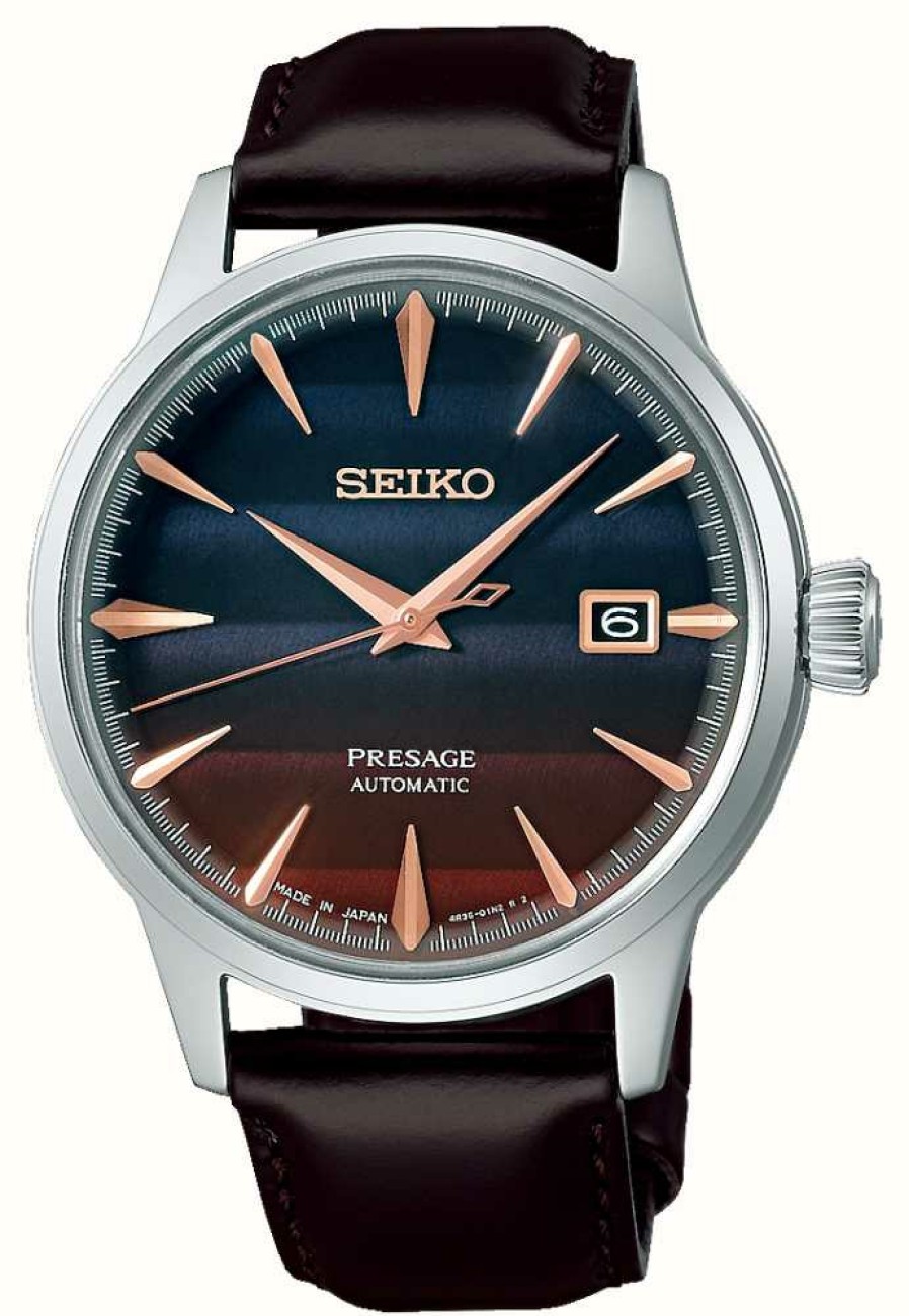 Men'S Seiko | Seiko Presage 'Purple Sunset' Cocktail Time Limited Edition (40.5Mm) Purple Dial / Brown Leather Strap