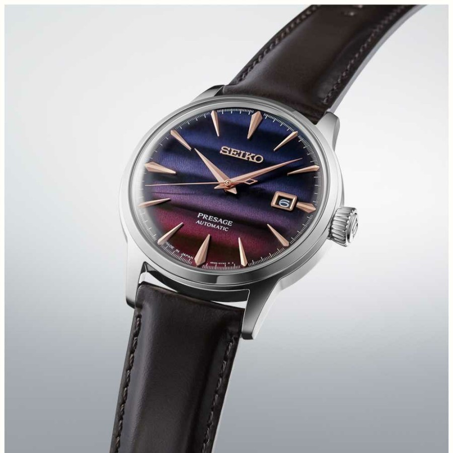 Men'S Seiko | Seiko Presage 'Purple Sunset' Cocktail Time Limited Edition (40.5Mm) Purple Dial / Brown Leather Strap