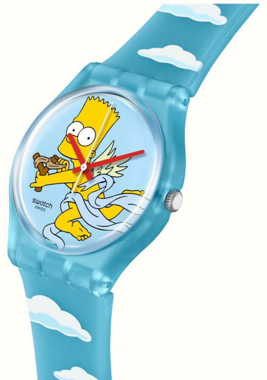 Men'S Swatch | Swatch X The Simpsons Angel Bart (34Mm) Simpsons-Printed Dial / Blue Patterned Silicone Strap