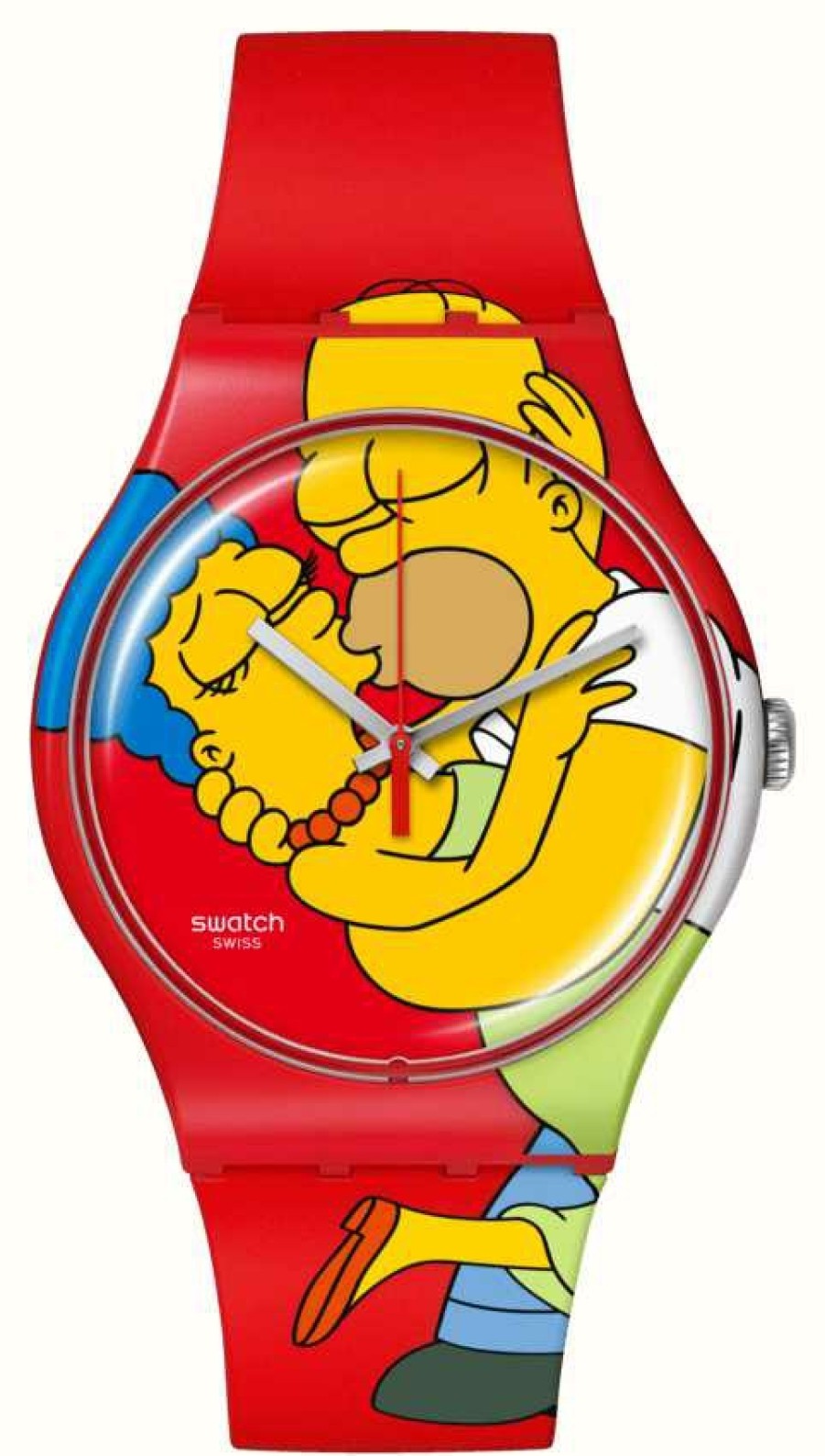 Men'S Swatch | Swatch X The Simpsons Sweet Embrace (41Mm) Simpsons-Printed Dial / Red Silicone Strap