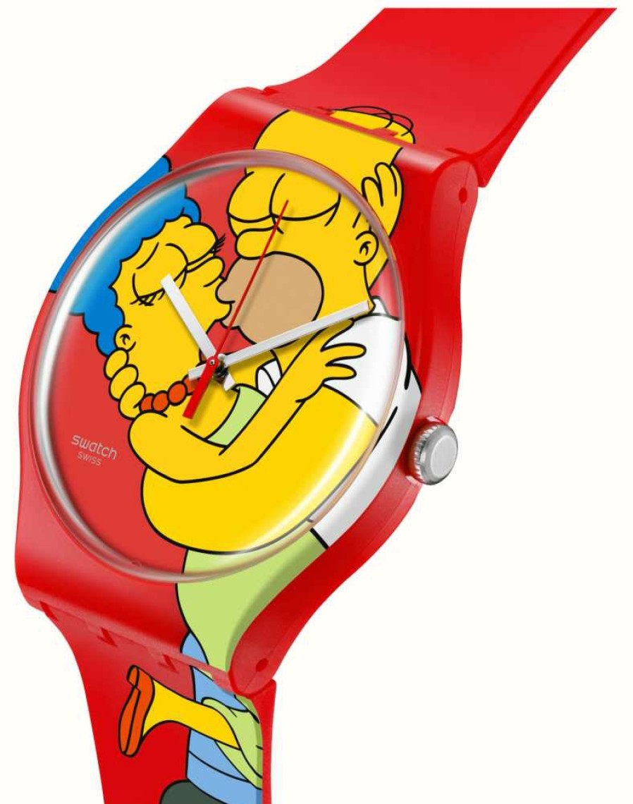 Men'S Swatch | Swatch X The Simpsons Sweet Embrace (41Mm) Simpsons-Printed Dial / Red Silicone Strap