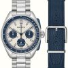 Men'S Bulova | Bulova Men'S Heritage Lunar Pilot Chronograph Set | White Dial | Stainless Steel Blue Leather Straps