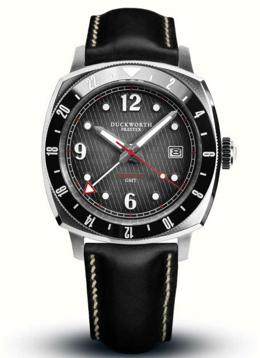 Men'S Duckworth Prestex | Duckworth Prestex Men'S Rivington Gmt (42Mm) Black Dial / Black Leather Strap