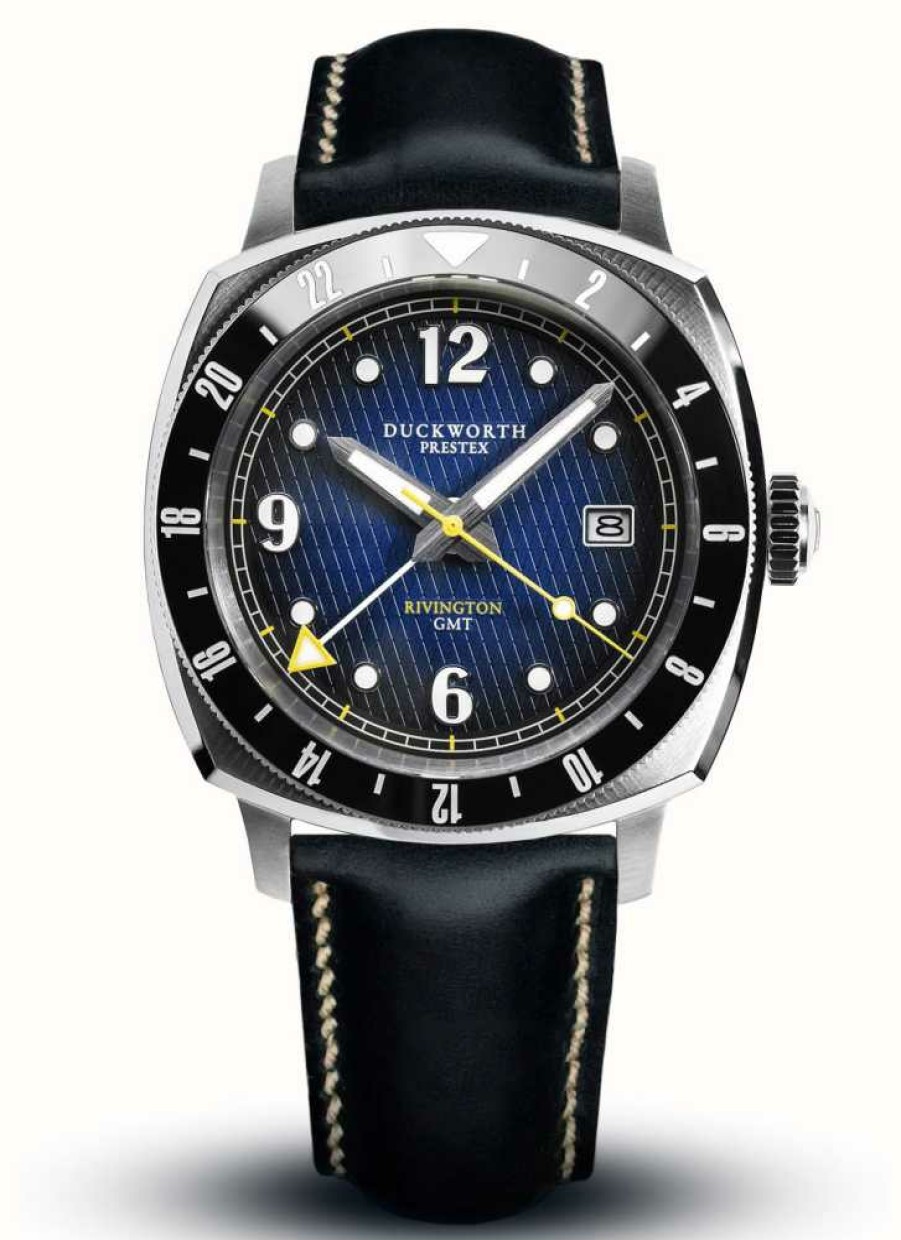 Men'S Duckworth Prestex | Duckworth Prestex Rivington Gmt (42Mm) Blue Dial / Blue Leather Strap