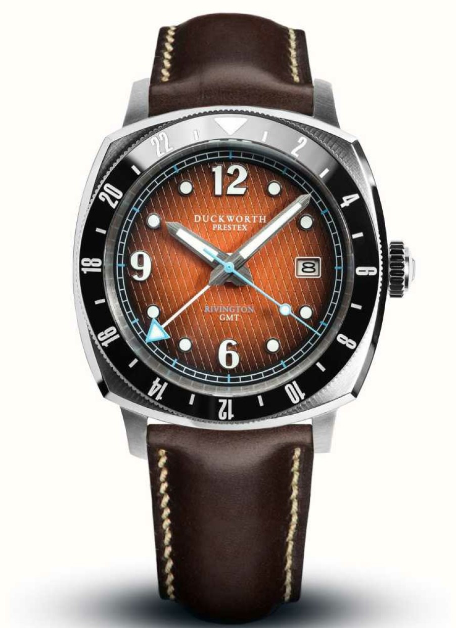 Men'S Duckworth Prestex | Duckworth Prestex Rivington Gmt (42Mm) Orange Dial / Brown Leather Strap