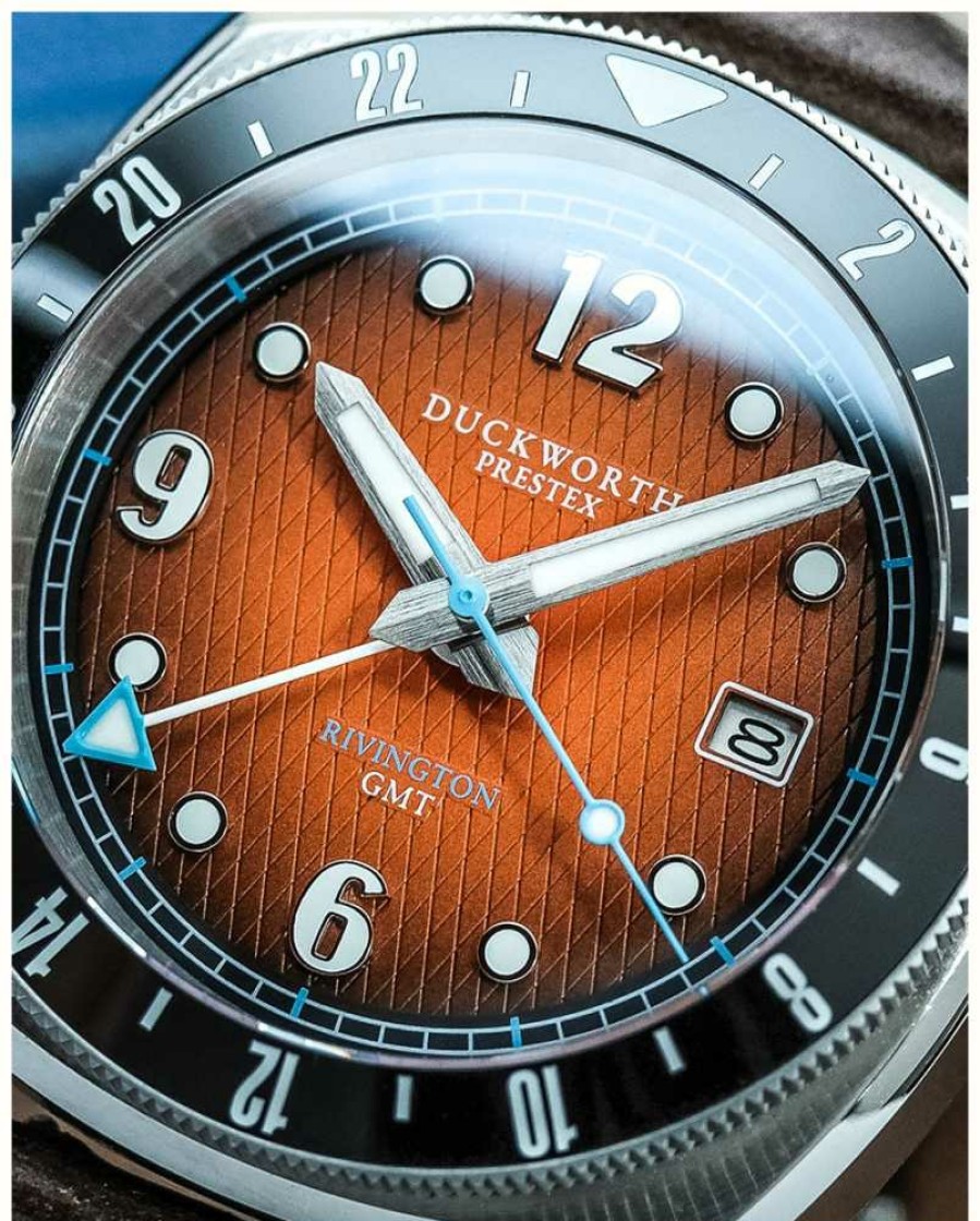 Men'S Duckworth Prestex | Duckworth Prestex Rivington Gmt (42Mm) Orange Dial / Brown Leather Strap