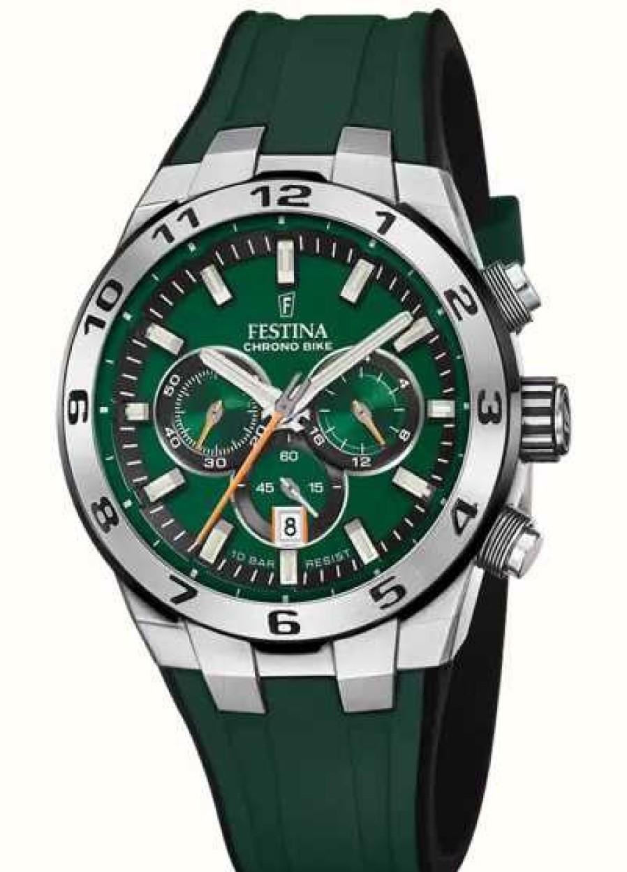 Men'S Festina | Festina Men'S Chrono Bike 2024 (44.5Mm) Green Dial / Green Rubber Strap