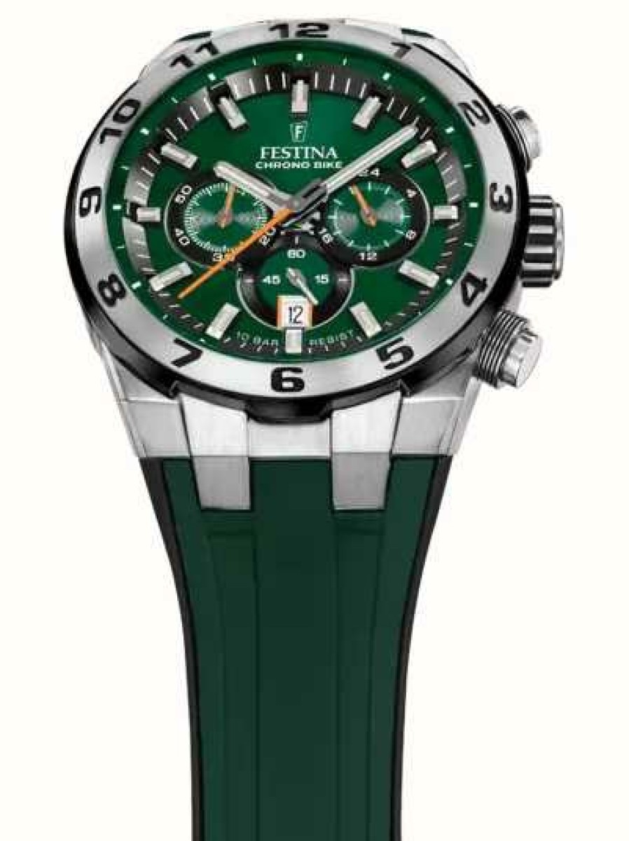 Men'S Festina | Festina Men'S Chrono Bike 2024 (44.5Mm) Green Dial / Green Rubber Strap