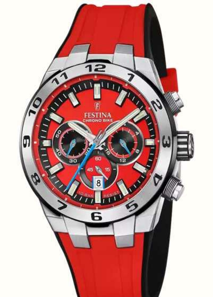 Men'S Festina | Festina Men'S Chrono Bike 2024 (44.5Mm) Red Dial / Red Rubber Strap