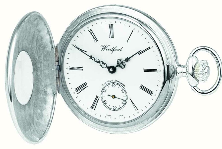 Men'S Woodford | Woodford Sterling Silver Open Case White Dial Mechanical Pocket Watch