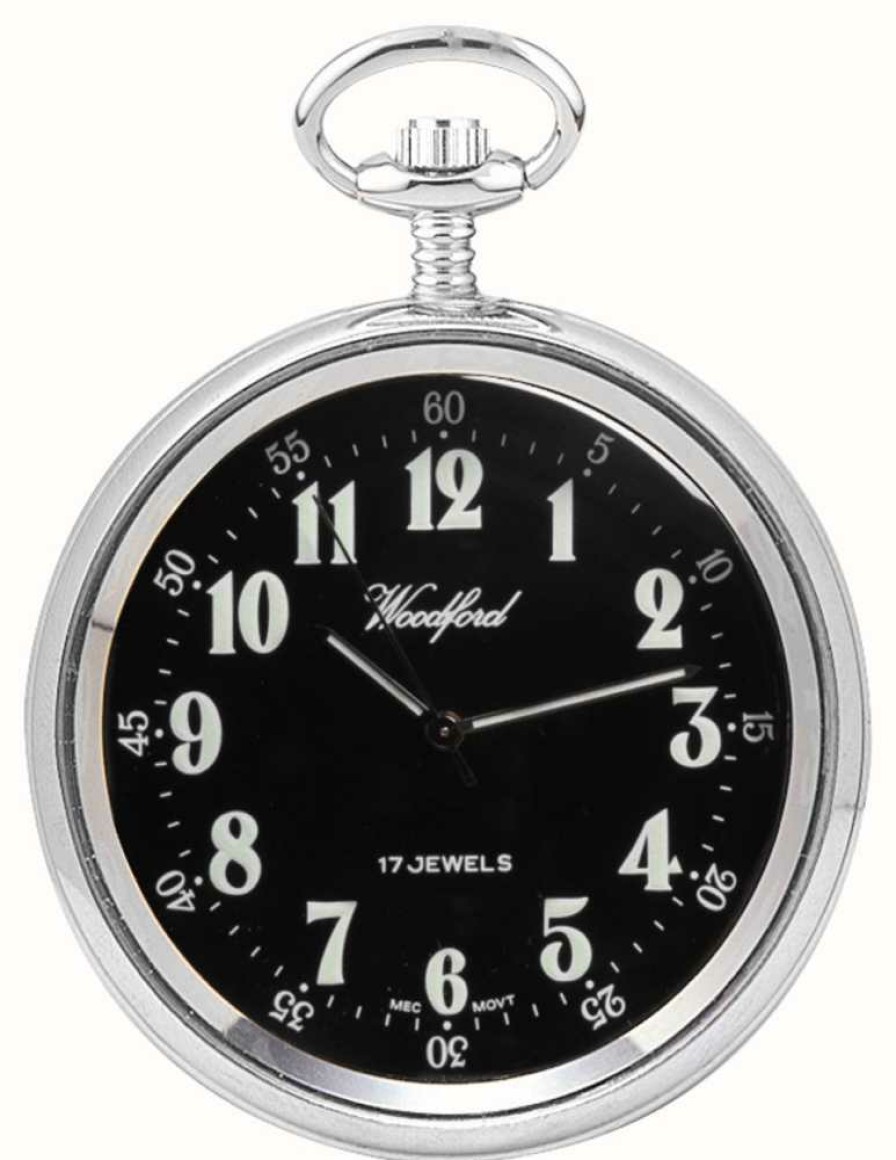 Men'S Woodford | Woodford Mechanical Open-Faced Pocket Watch Stainless Steel Black Dial