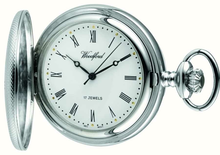 Men'S Woodford | Woodford Chrome White Dial Half Hunter Mechanical Pocket Watch