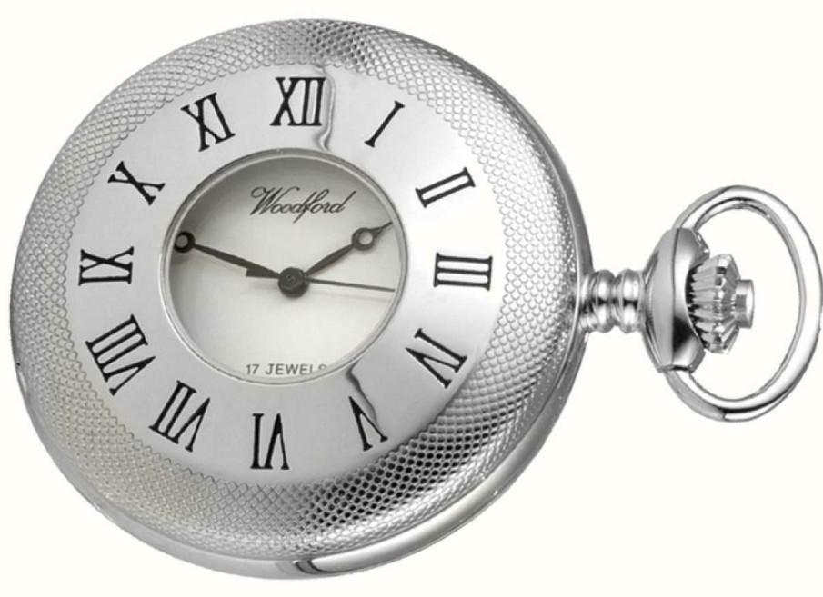 Men'S Woodford | Woodford Chrome White Dial Half Hunter Mechanical Pocket Watch