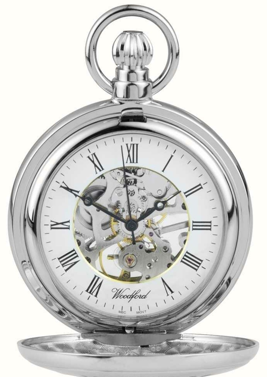 Men'S Woodford | Woodford Stainless Steel Half Hunter Flower-Design Pocket Watch