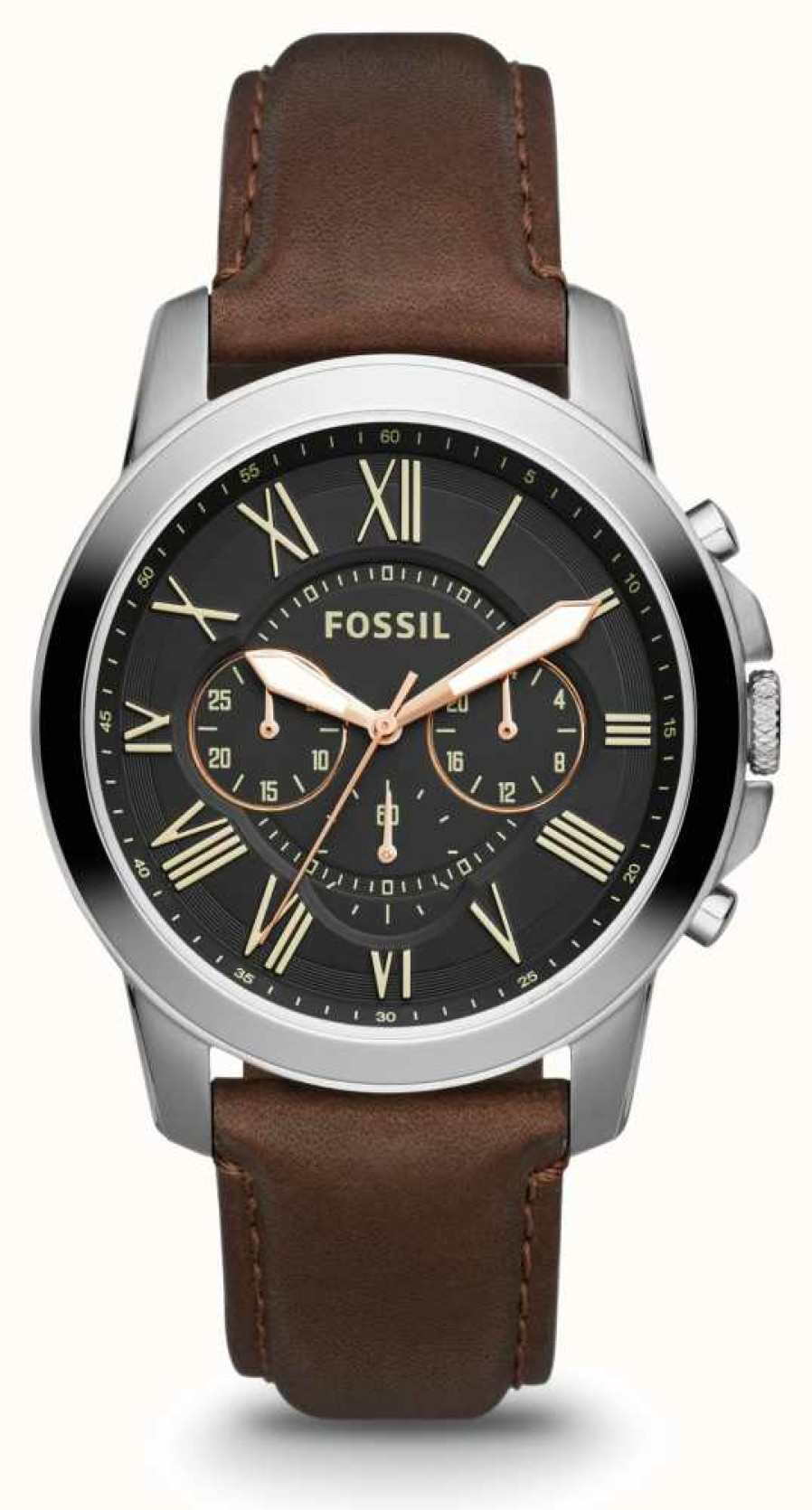 Men'S Fossil | Fossil Men'S Grant | Black Chronograph Dial | Brown Leather Strap