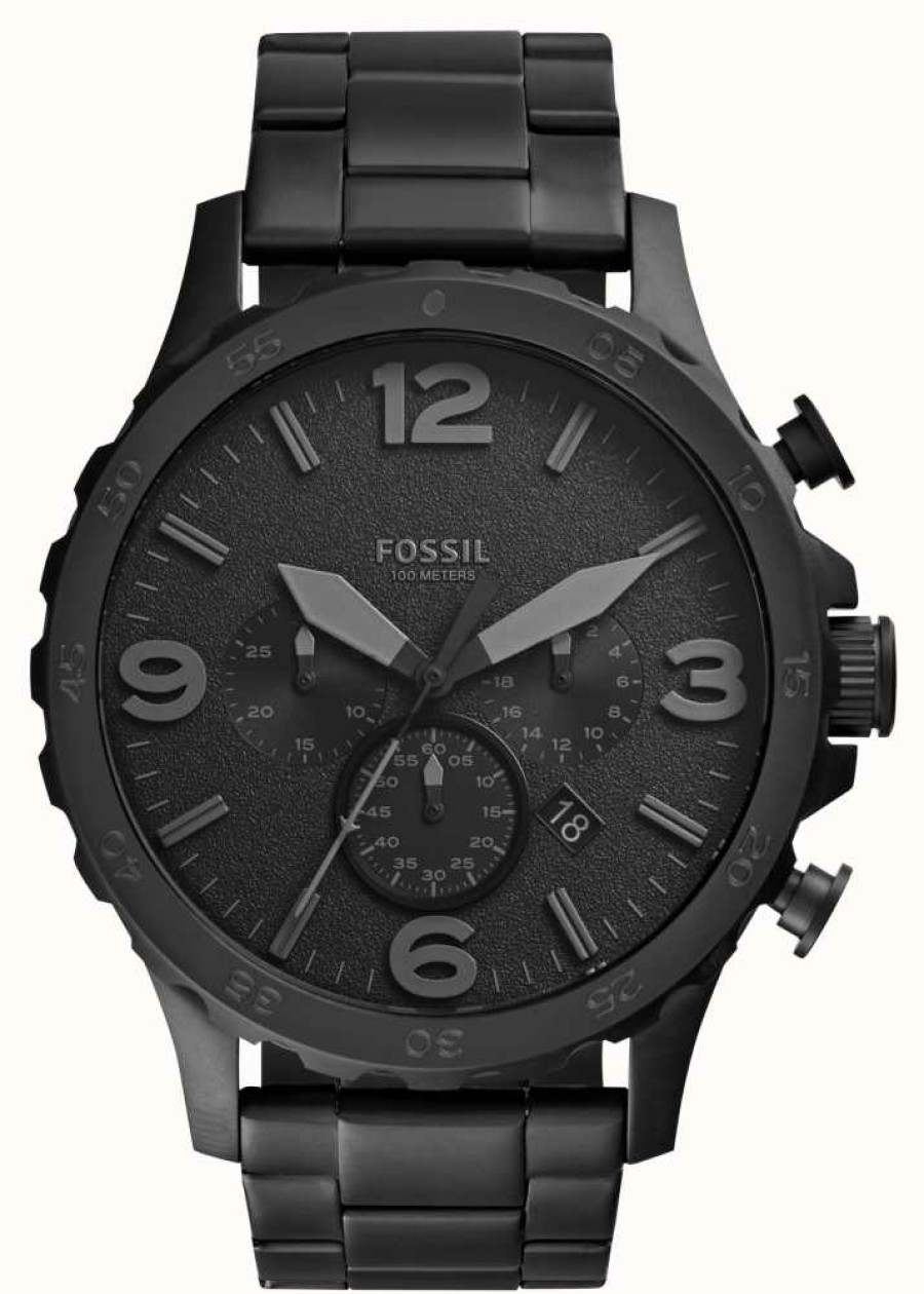 Men'S Fossil | Fossil Men'S Nate | Black Chronograph Dial | Black Stainless Steel Bracelet