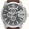 Men'S Diesel | Diesel Men'S Mega Chief Grey Dial Brown Leather Strap Chronograph