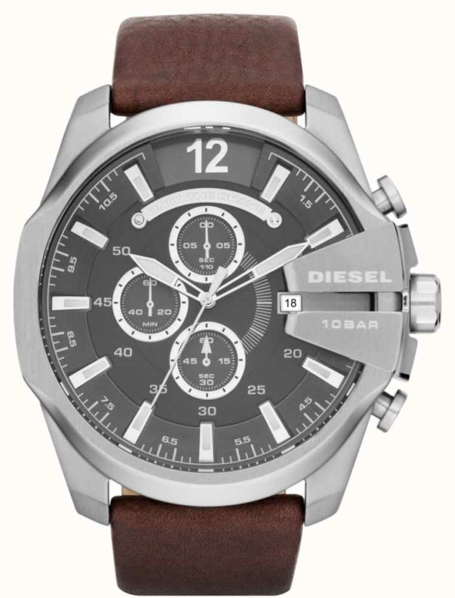 Men'S Diesel | Diesel Men'S Mega Chief Grey Dial Brown Leather Strap Chronograph