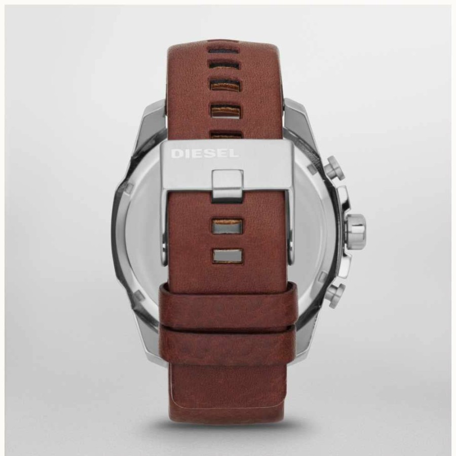 Men'S Diesel | Diesel Men'S Mega Chief Grey Dial Brown Leather Strap Chronograph