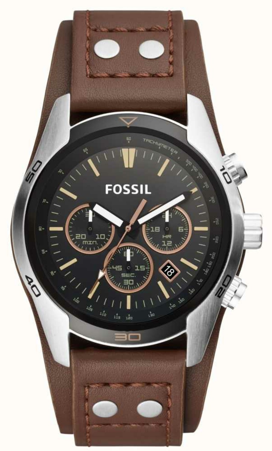 Men'S Fossil | Fossil Men'S Coachman | Black Chronograph Dial | Brown Leather Cuff Strap