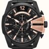 Men'S Diesel | Diesel Men'S Mega Chief Black Ion Plate & Rose Gold Watch