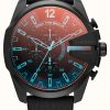 Men'S Diesel | Diesel Men'S Mega Chief Black Ip Steel Black Leather Iridescent Watch