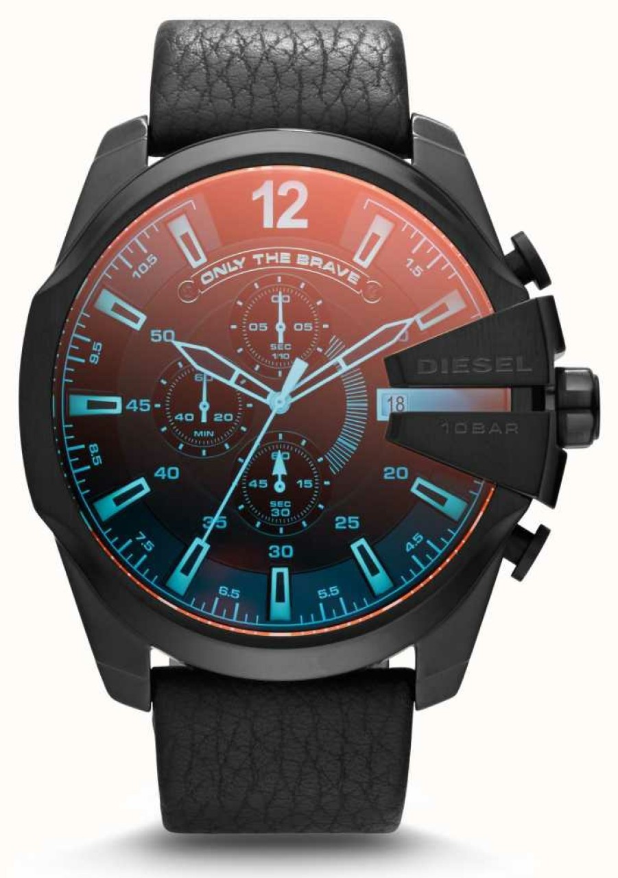 Men'S Diesel | Diesel Men'S Mega Chief Black Ip Steel Black Leather Iridescent Watch